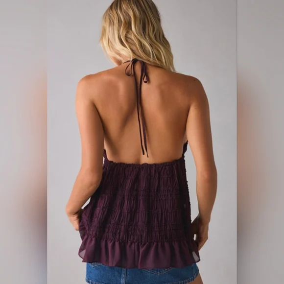 Kimchi Blue Brown Ruffled Babydoll Tunic Halter Top - Picture 3 of 5